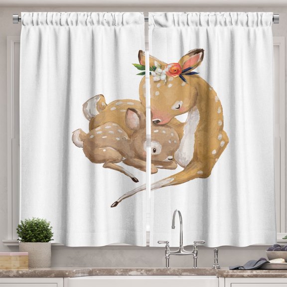 Ambesonne Vintage Deer Kitchen Curtains, Sleeping Little Animal, 55"x24", Sand Brown Paprika and Green