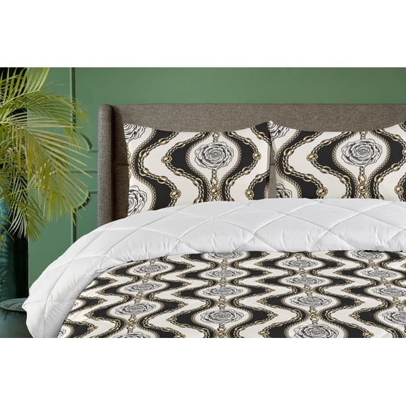 Ambesonne Vintage Down Alternative Quilt Comforter, Abstract Roses Wavy Retro, Twin XL, Charcoal Grey and Mustard