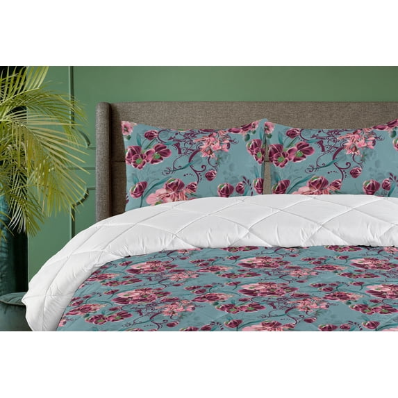 Ambesonne Vintage Down Alternative Quilt Comforter, Flowers Leaves Repetitive, Full, Olive Green Dark Coral