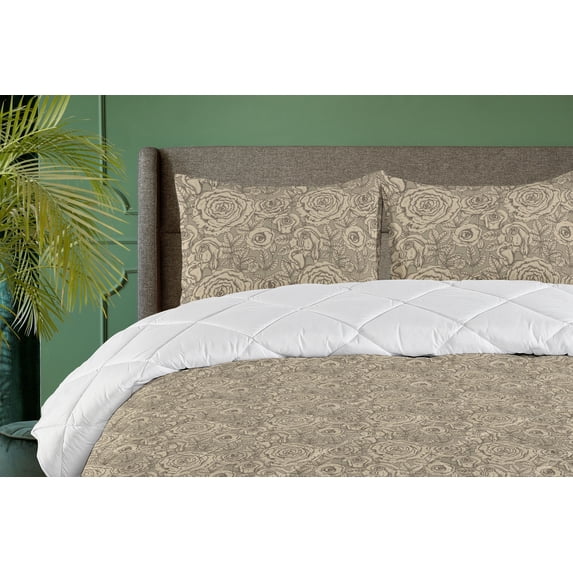 Ambesonne Vintage Down Alternative Quilt Comforter, Retro Artwork Roses Leaves, King, Eggshell Sage Green Taupe