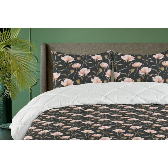 Ambesonne Vintage Down Alternative Quilt Comforter, Simple Branch Rose Floral, Full, Dark Grey Blush and Umber