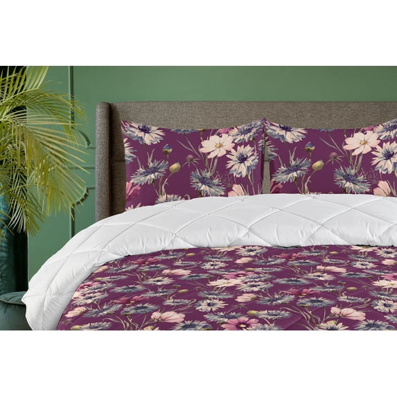 Ambesonne Vintage Down Alternative Quilt Comforter, Watercolor Cornflowers Art, Queen, Pale Salmon and Dark Purple