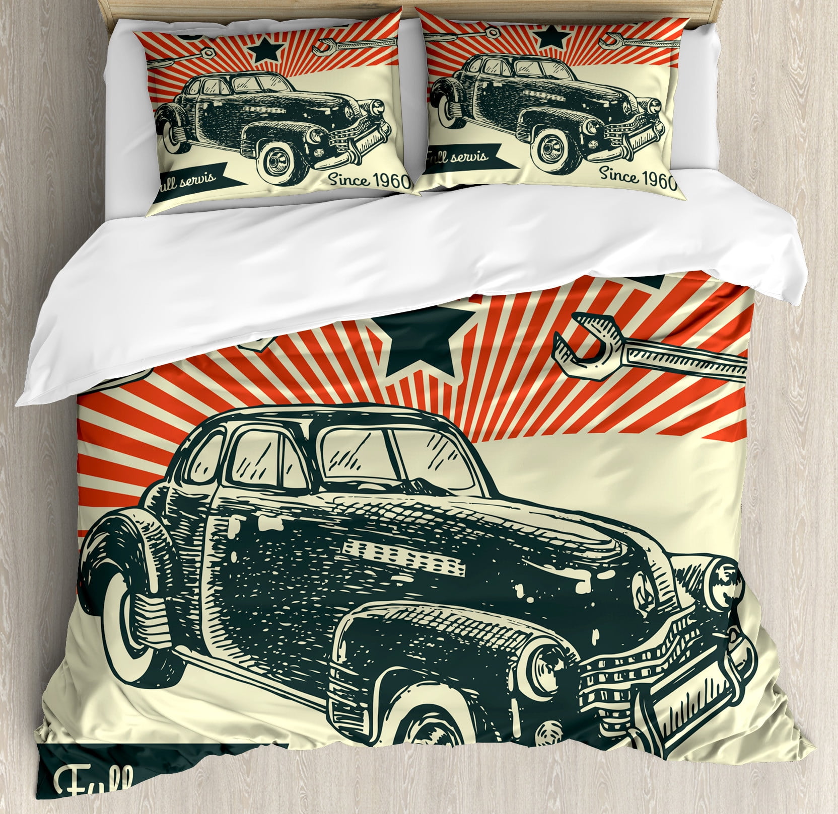 Retro Car Print Queen Duvet Cover Set with Shams