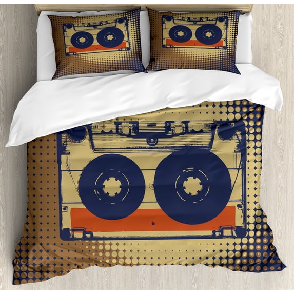Ambesonne Vintage Duvet Cover Set, Audiocasette Music Fun, King, Night Blue Tan Orange