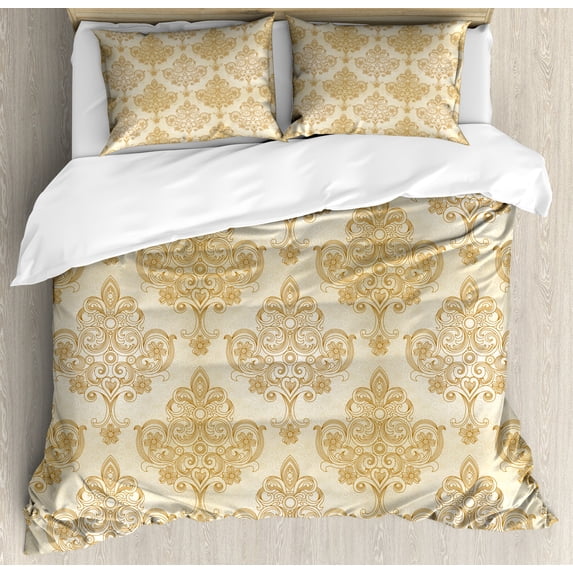 Ambesonne Vintage Duvet Cover Set, Baroque Curved Flowers, Queen, Cream Pale Brown