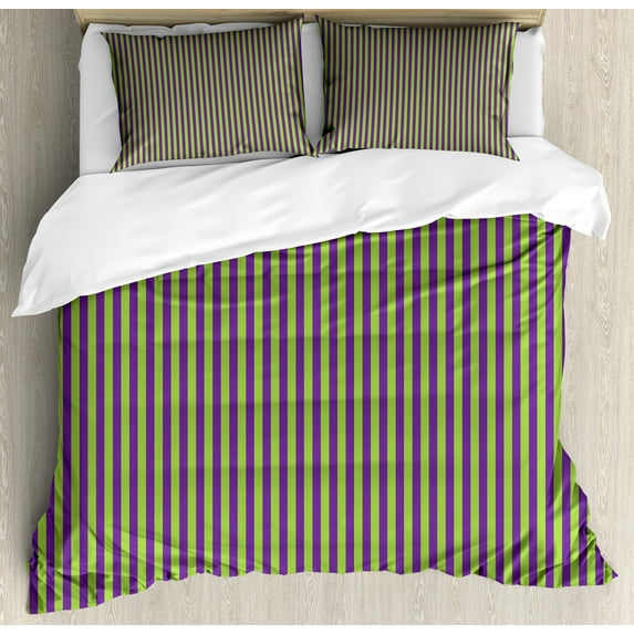Ambesonne Vintage Duvet Cover Set, Blue Green Bold Stripes, Queen, Royal Blue Lime Green