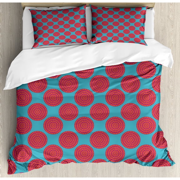 Ambesonne Vintage Duvet Cover Set, Circles Dots Triangles Art, 2-Calking, Dark Seafoam Magenta