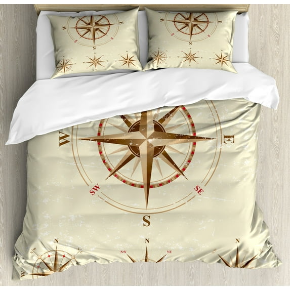 Ambesonne Vintage Duvet Cover Set, Compass Nautical Retro, King, Beige Tan