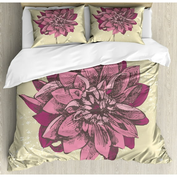 Ambesonne Vintage Duvet Cover Set, Dahlia Flower Bohemian, Queen, Purple Khaki