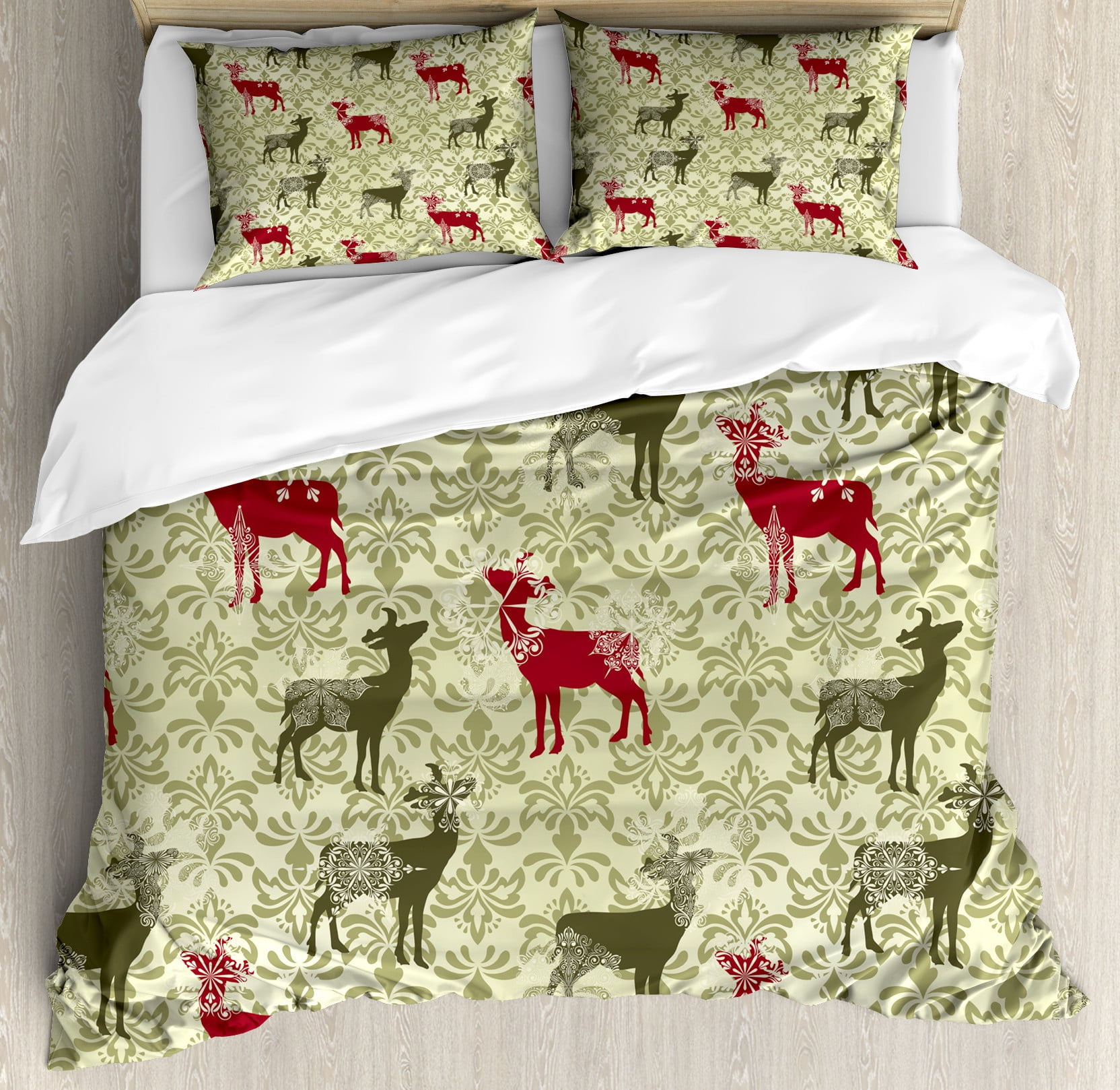 King Maroon Green Damask Design Duvet Cover Set