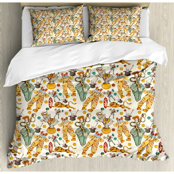 Ambesonne Vintage Duvet Cover Set, Doodle Circus and Clown, 2-Calking, Multicolor