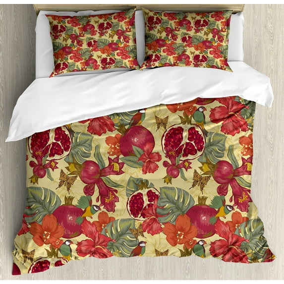 Ambesonne Vintage Duvet Cover Set, Exotic Wild Tropic Birds, 2-Calking, Beige Red