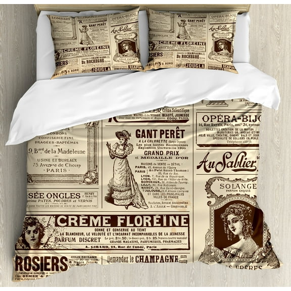 Ambesonne Vintage Duvet Cover Set, Historic French Journal, Queen, Army Green and Beige