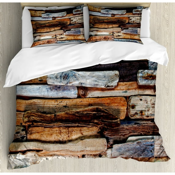 Ambesonne Vintage Duvet Cover Set, Knotty Planks Vintage, 2-Calking, Brown