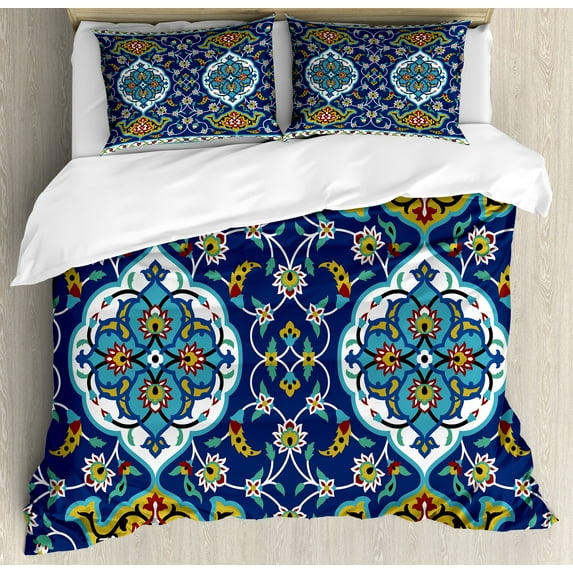 Ambesonne Vintage Duvet Cover Set, Oriental Tile Effects, Queen, Mustard Royal Blue