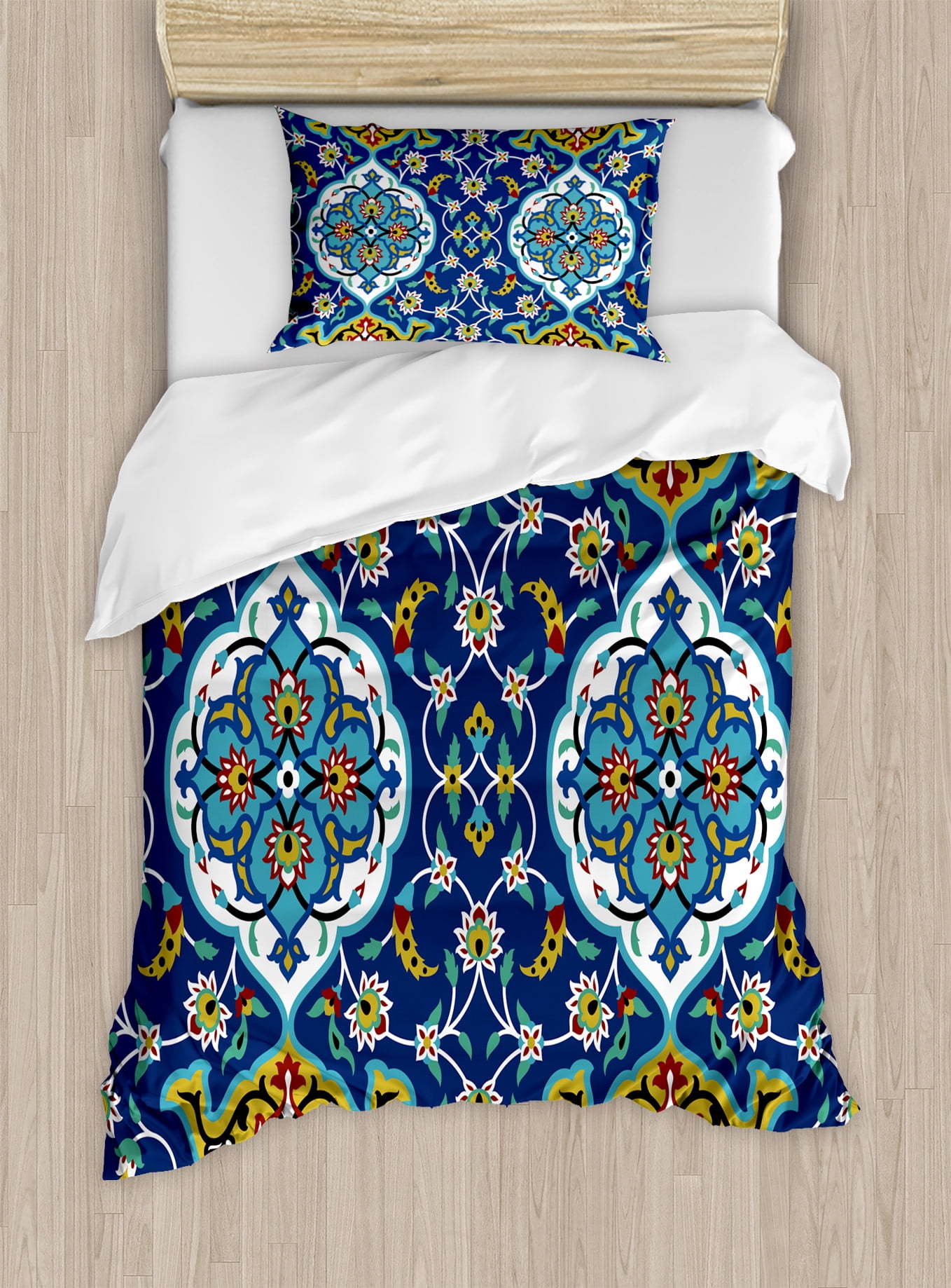 Twin Mustard and Royal Blue Moroccan Duvet Cover Set