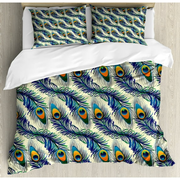 Ambesonne Vintage Duvet Cover Set, Ornamental Peacock Bird, Calking, Navy Blue Green Orange
