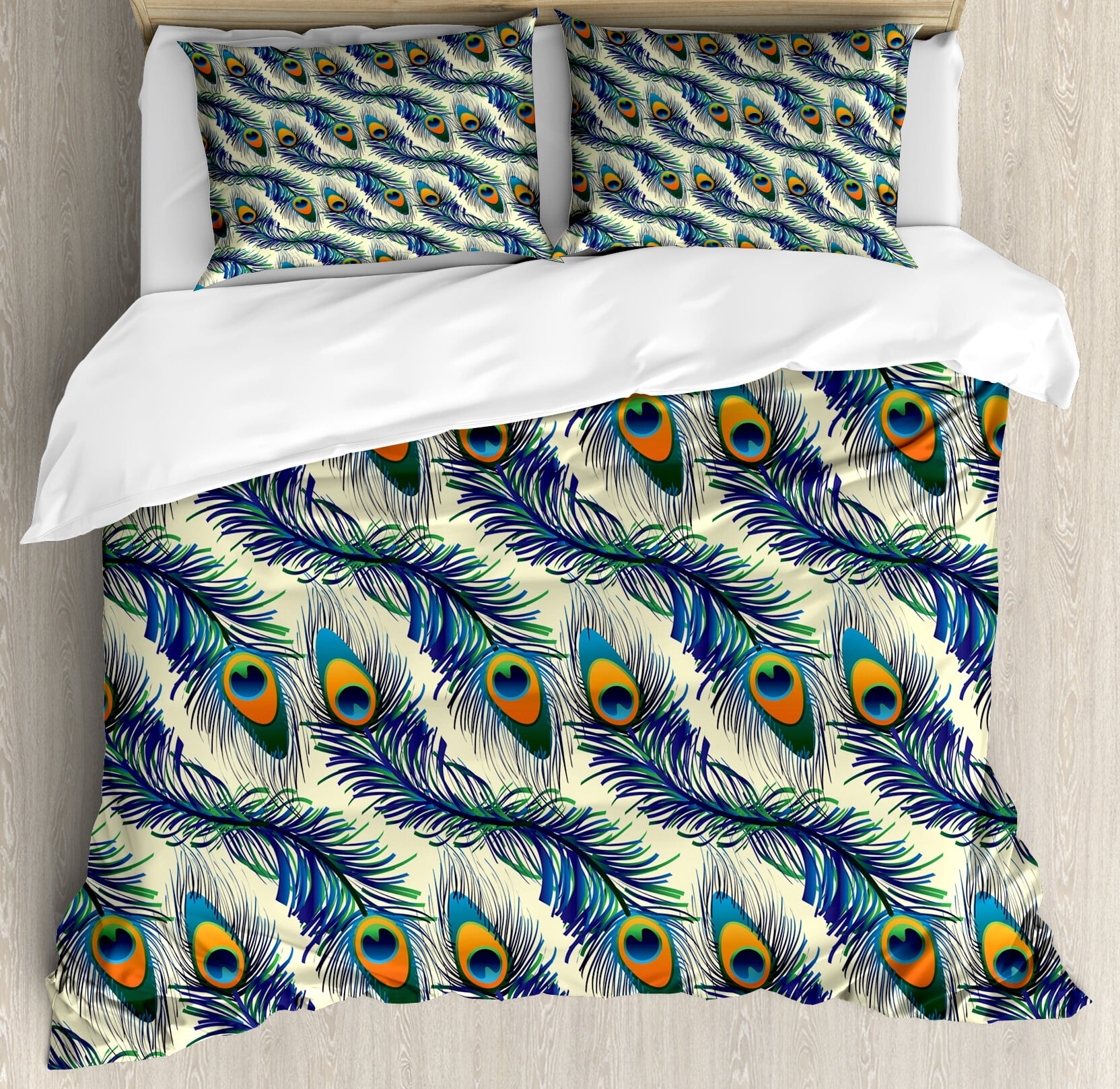 Navy Blue Green Ornamental Peacock Queen Duvet Cover Set