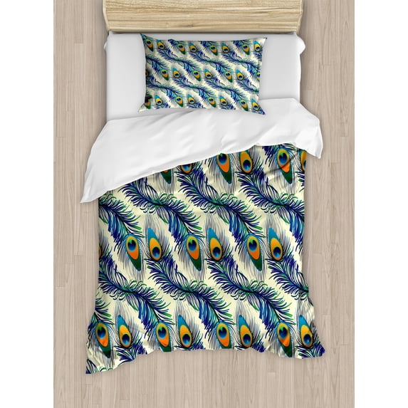 Ambesonne Vintage Duvet Cover Set, Ornamental Peacock Bird, Twin, Navy Blue Green Orange