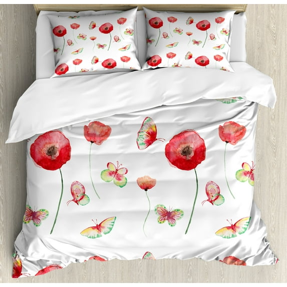 Ambesonne Vintage Duvet Cover Set, Poppy Butterfly Romance, 2-Calking, Coconut and Red