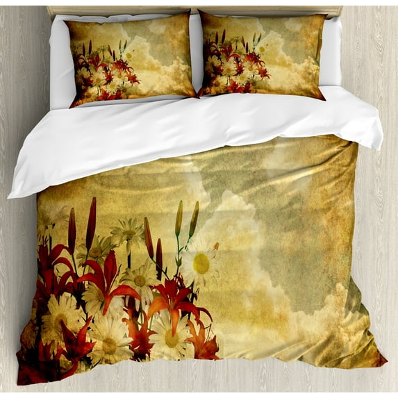 Ambesonne Vintage Duvet Cover Set, Retro Flower Chamomile, Queen, Tan Orange
