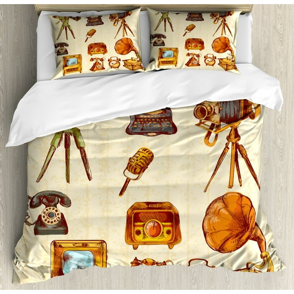 Ambesonne Vintage Duvet Cover Set, Retro Old Technology, 2-Calking, Cream and Pale Caramel