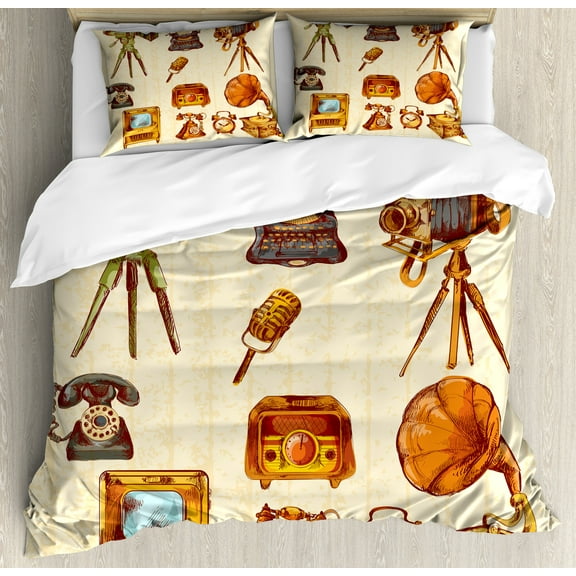 Ambesonne Vintage Duvet Cover Set, Retro Old Technology, Queen, Cream and Pale Caramel