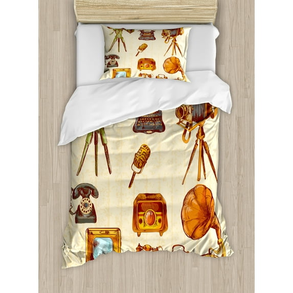 Ambesonne Vintage Duvet Cover Set, Retro Old Technology, Twin, Cream and Pale Caramel