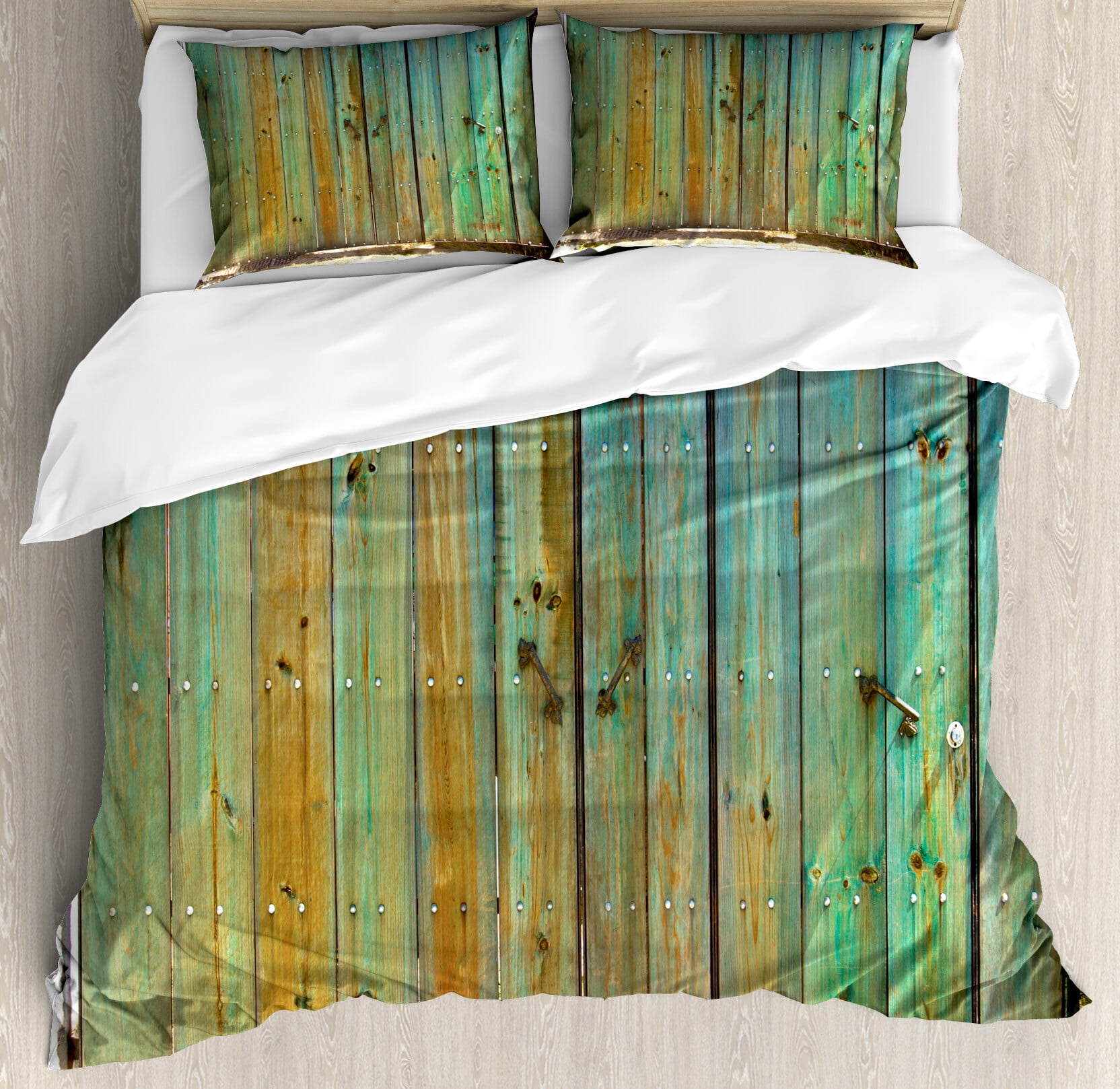 Queen Rustic Brown and Mint Wooden Duvet Cover Set