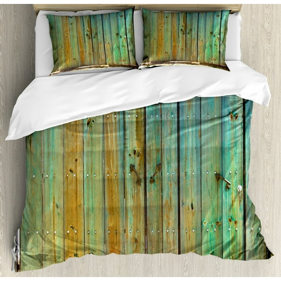 Ambesonne Vintage Duvet Cover Set, Rustic Old Wooden Door Look, Queen, Brown and Mint