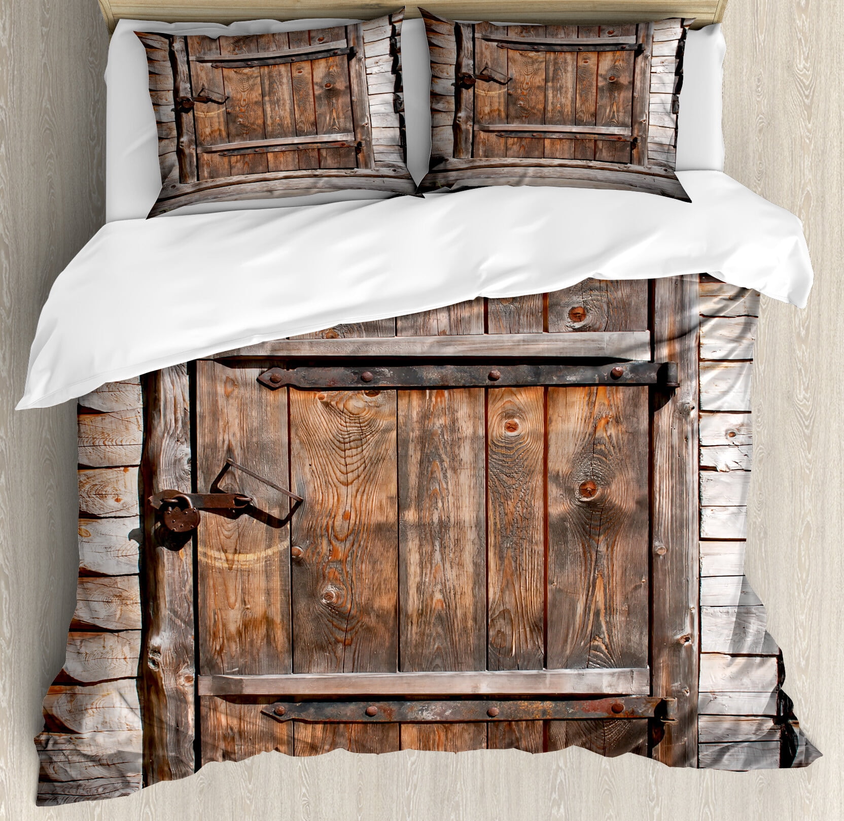 King Rustic Brown Wooden Door Duvet Cover Set