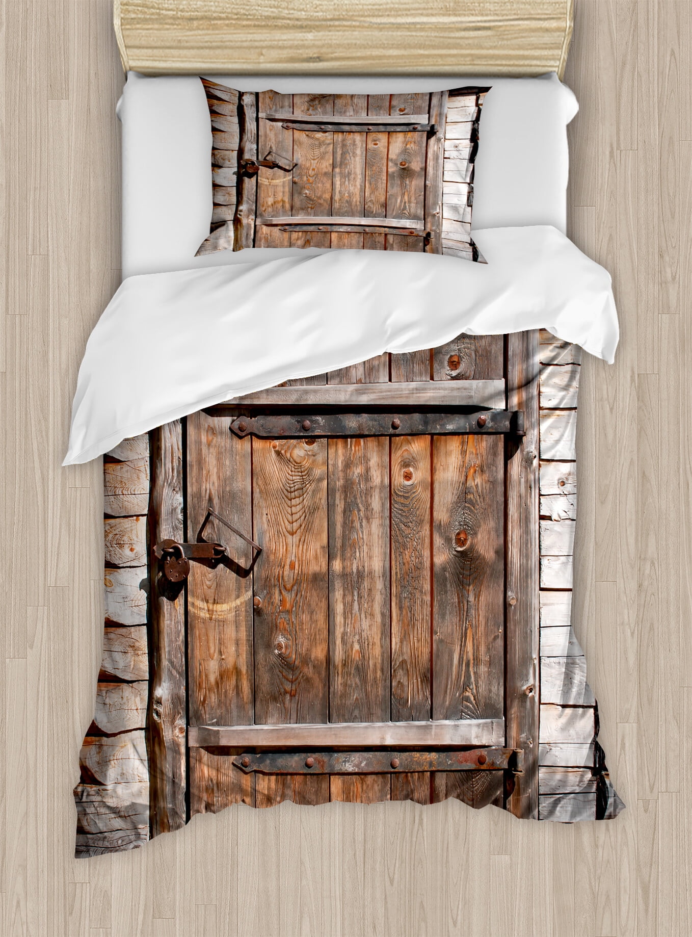 Rustic Brown Wooden Door Twin Duvet Cover Set