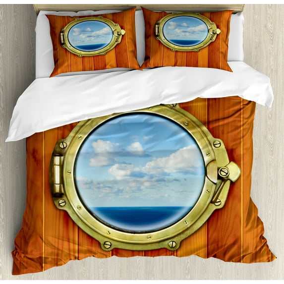 Ambesonne Vintage Duvet Cover Set, Ship Old Sailing Vessel, 2-Calking, Dark Orange Pale Blue