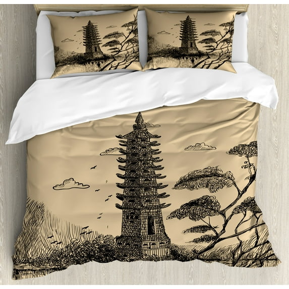 Ambesonne Vintage Duvet Cover Set, Taoist House of Faith, 2-Calking, Pale Brown Black