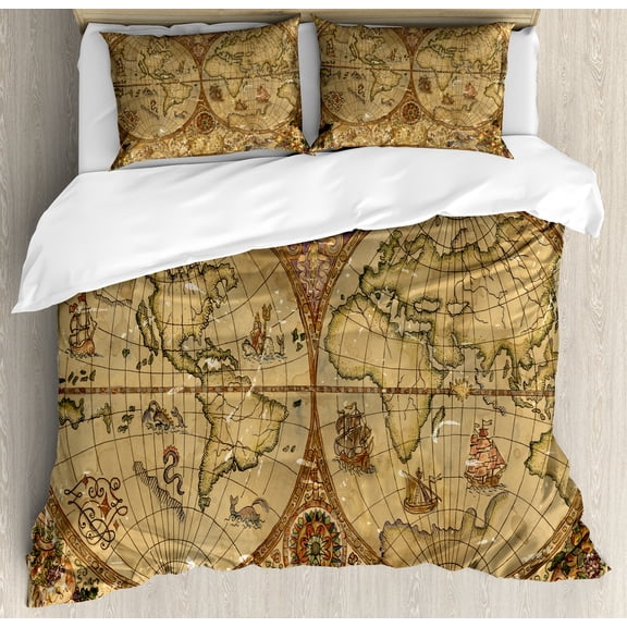 Ambesonne Vintage Duvet Cover Set, Travel Adventure World Map, King, Tan and Caramel