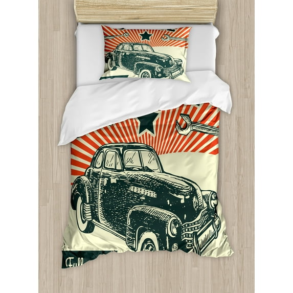 Ambesonne Vintage Duvet Cover Sets, 60's Retro Car Pop Art, 2-Twin, Emerald Orange