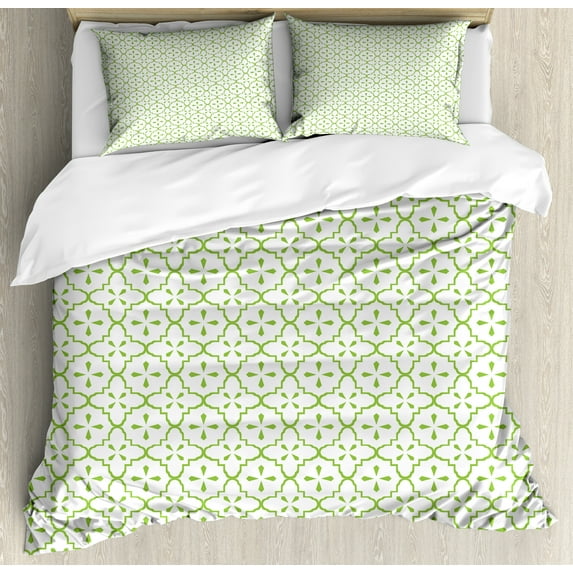 Ambesonne Vintage Duvet Cover Sets, Abstract Flowers Motifs, 2-King, Lime Green and White