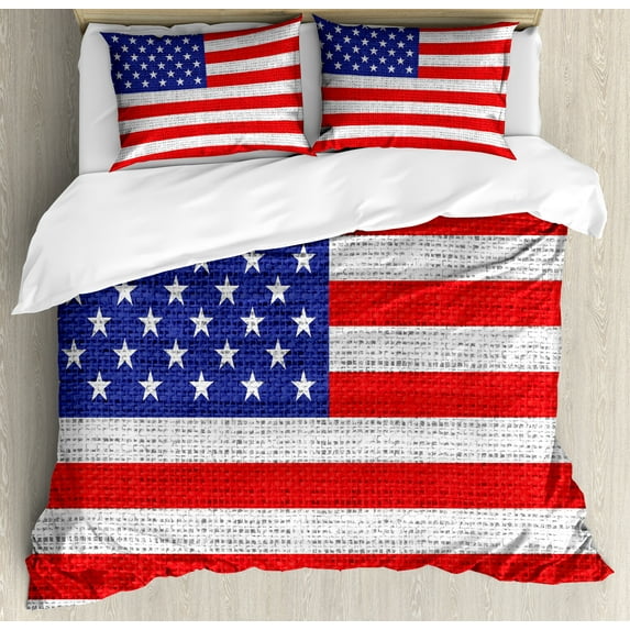 Ambesonne Vintage Duvet Cover Sets, American Freedom Theme, 2-Queen, White Blue and Vermilion