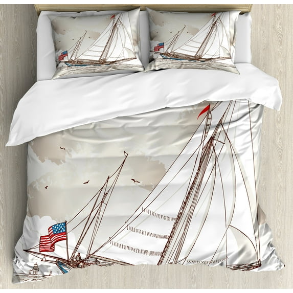 Ambesonne Vintage Duvet Cover Sets, Antique American Yacht, 2-King, Pale Grey Tan White