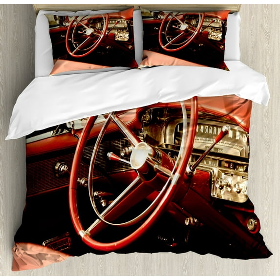 Ambesonne Vintage Duvet Cover Sets, Antique Classic Car, 2-King, Red Grey