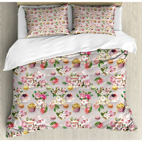 Ambesonne Vintage Duvet Cover Sets, Antique Retro Tea Set, 2-Queen, Pale Pink Hot Pink