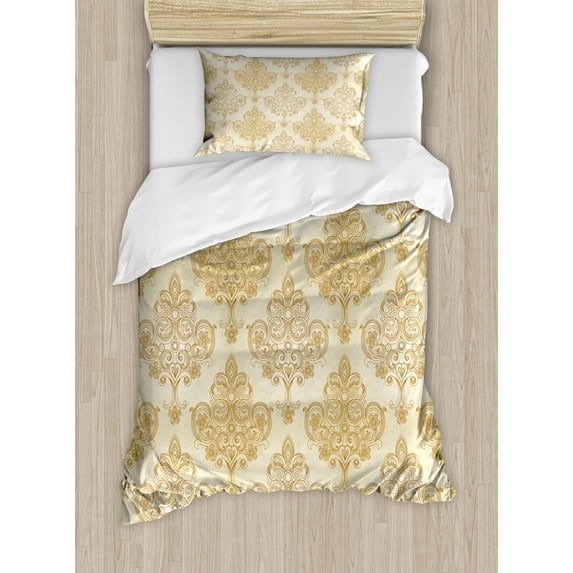 Ambesonne Vintage Duvet Cover Sets, Baroque Curved Flowers, 2-Twin, Cream Pale Brown