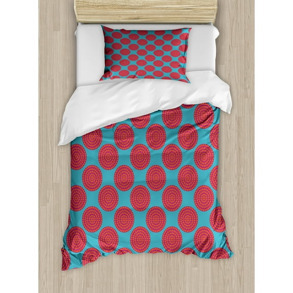 Ambesonne Vintage Duvet Cover Sets, Circles Dots Triangles Art, 2-Twin, Dark Seafoam Magenta