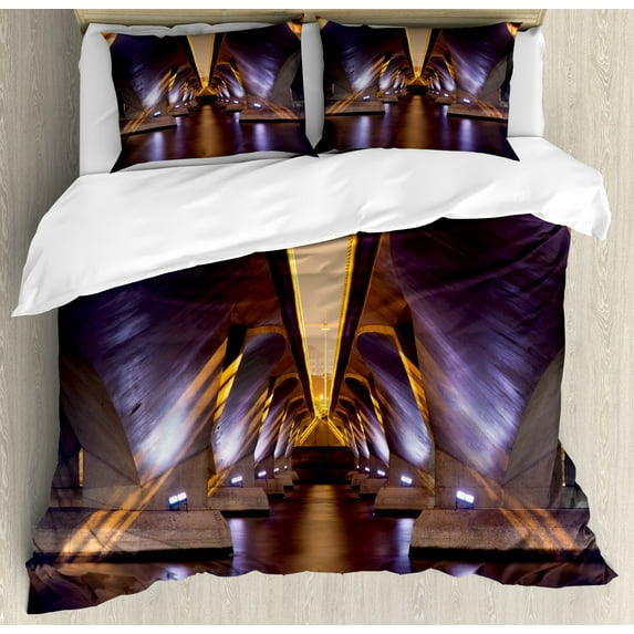 Ambesonne Vintage Duvet Cover Sets, City View, 2-King, Purple and Yellow
