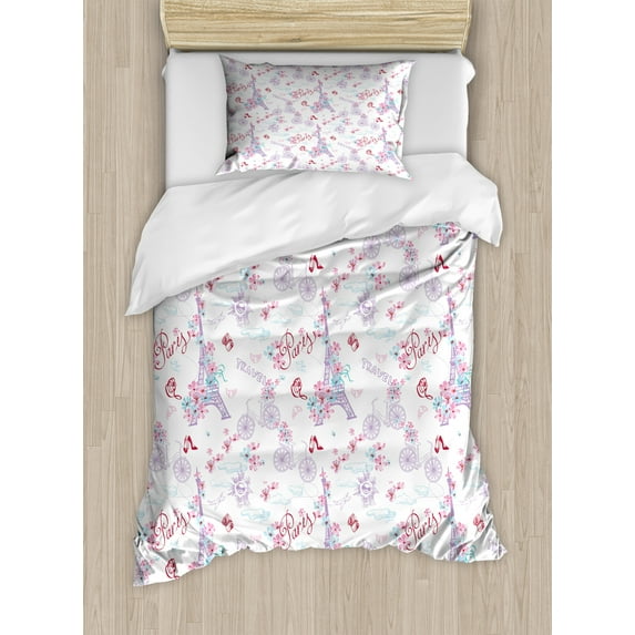 Ambesonne Vintage Duvet Cover Sets, Eiffel Tower and Flower, 2-Twin, Pale Blue Pink and White