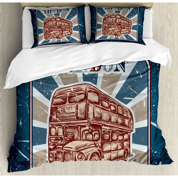 Ambesonne Vintage Duvet Cover Sets, English Bus Grunge Art, 2-Queen, Blue Red Beige