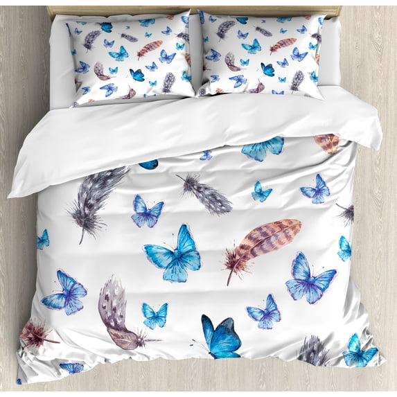 Ambesonne Vintage Duvet Cover Sets, Feathers and Butterfly, 2-Queen, Blue White Grey