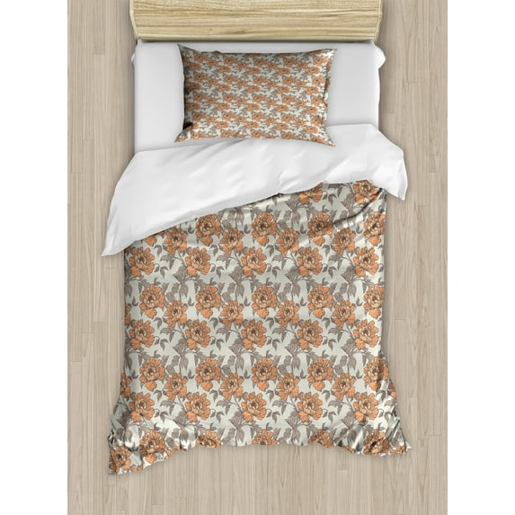 Ambesonne Vintage Duvet Cover Sets, Floral Nostalgia Peonies, 2-Twin, Dark Peach Grey Yellow