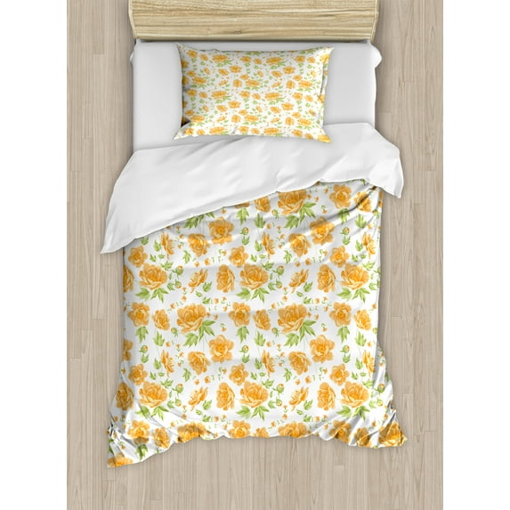 Ambesonne Vintage Duvet Cover Sets, Floral Peony Bouquets, 2-Twin, Pale Orange Green White