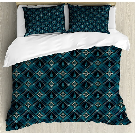 Ambesonne Vintage Duvet Cover Sets, Floral and Checkered, 2-Queen, Sea Blue and Grey Yellow